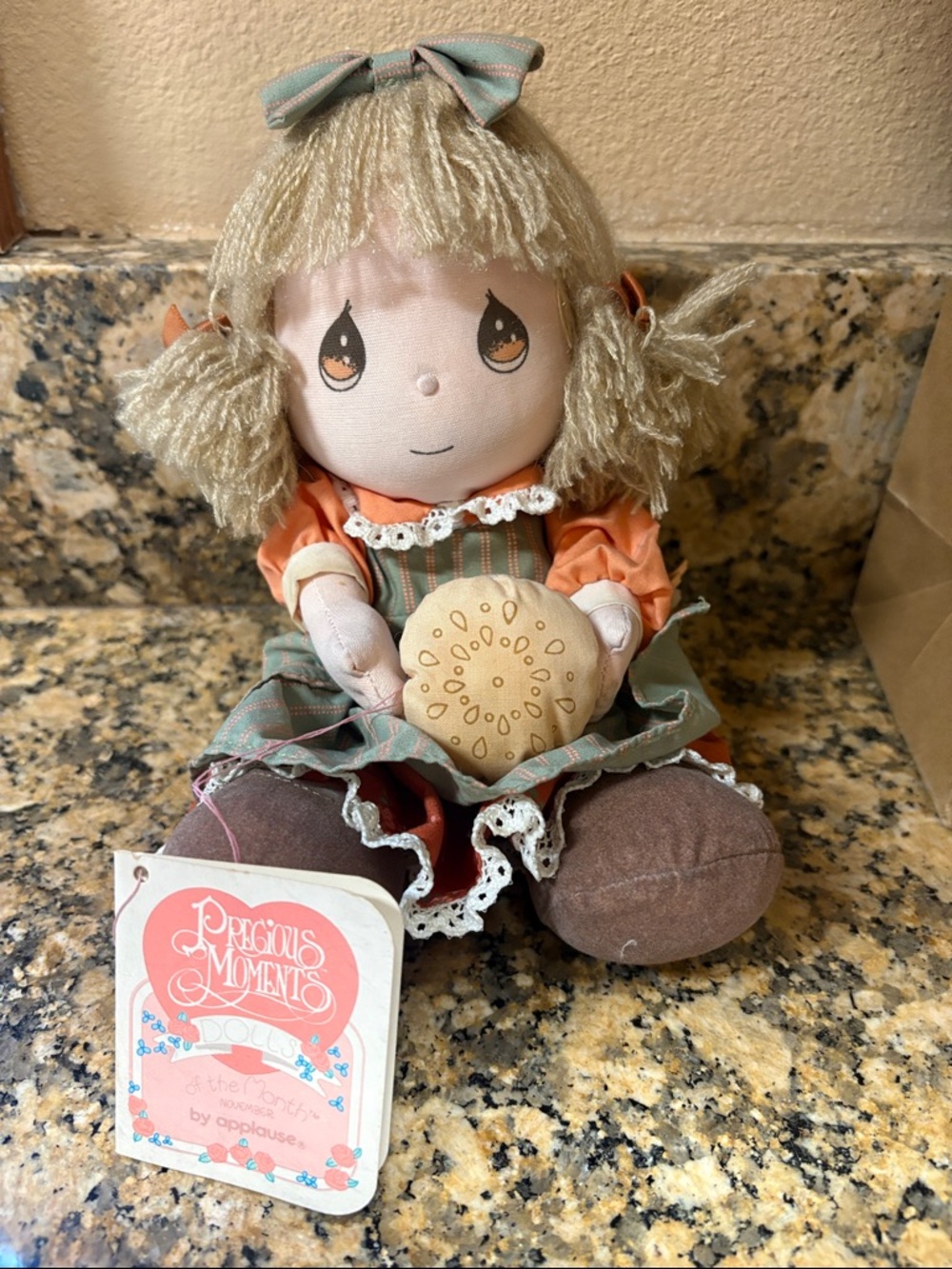 Precious Moments Doll with Green Striped Apron & Orange Blouse